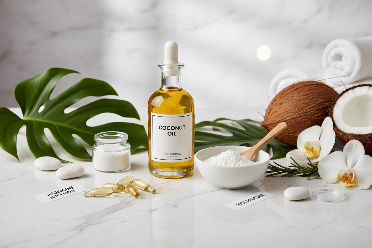Ingredienti professionali anticrespo: olio di cocco puro, arginina e proteine di riso