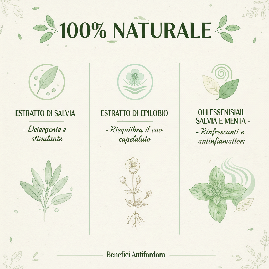 Infografica ingredienti naturali Shampoo Antiforfora DiksoNatura - Salvia Epilobio Menta 100% Bio