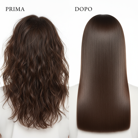 Trasformazione capelli prima e dopo con Kit Anticrespo - da capelli crespi a capelli lisci