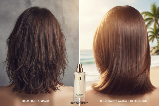 Prima e dopo shampoo daily uso frequente - capelli stressati vs sani con protezione UV