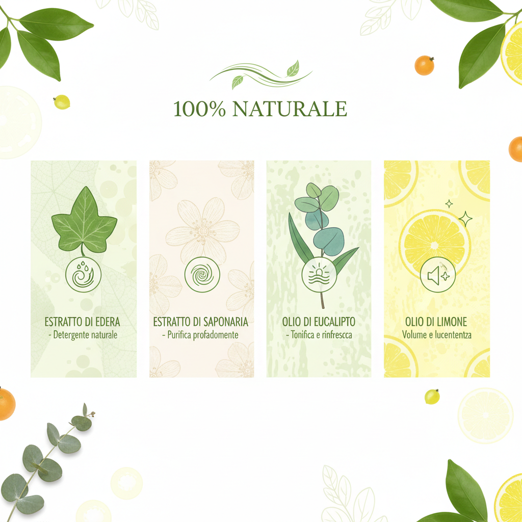 Infografica ingredienti naturali Shampoo Capelli Grassi DiksoNatura - Edera Saponaria Eucalipto Limone 100% Naturale