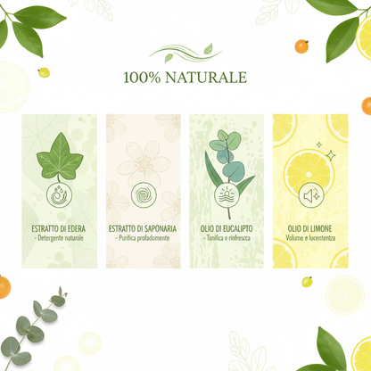 Infografica ingredienti naturali Shampoo Capelli Grassi DiksoNatura - Edera Saponaria Eucalipto Limone 100% Naturale