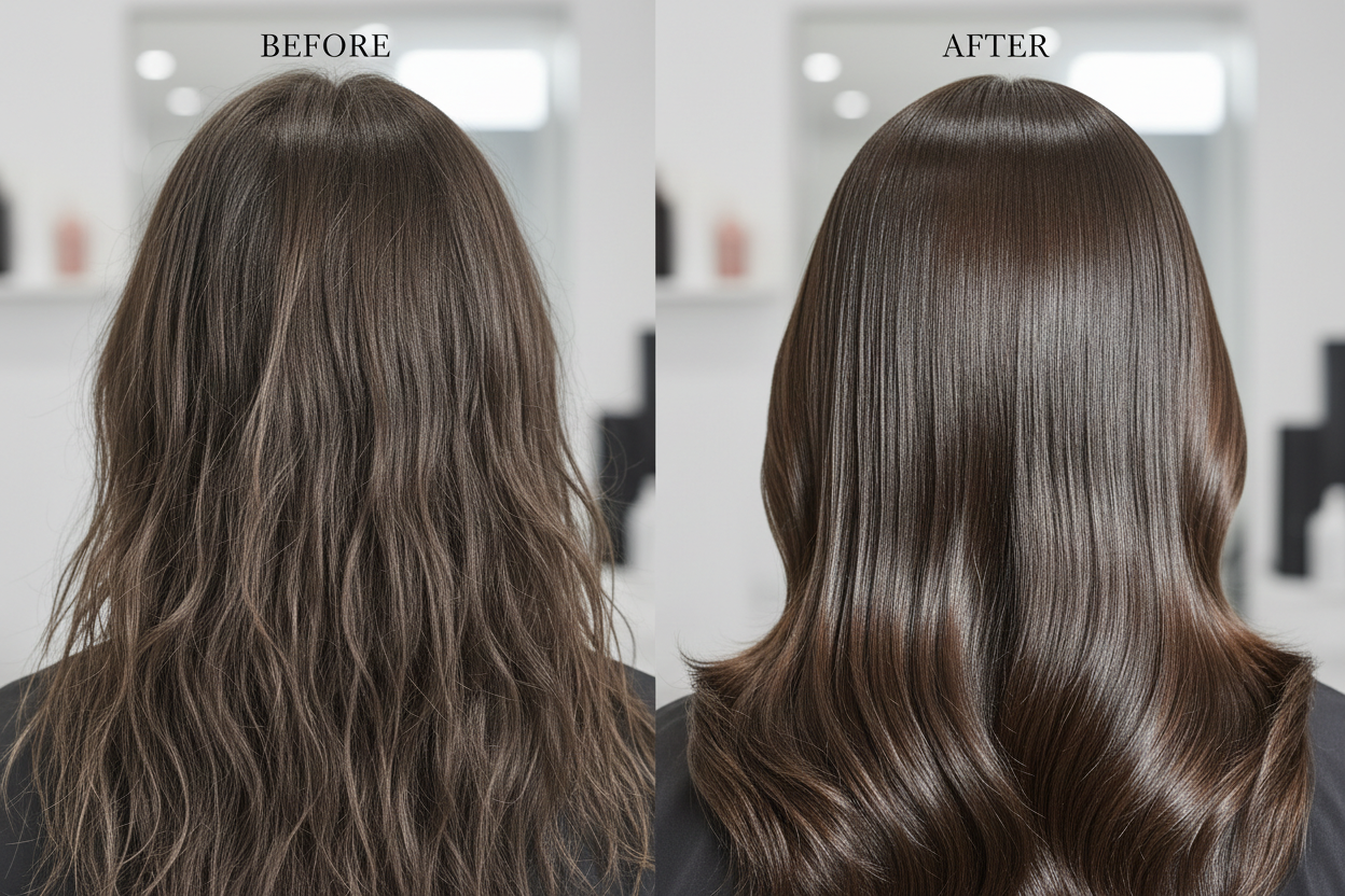 Prima e dopo maschera argan - trasformazione da capelli secchi a nutriti e luminosi