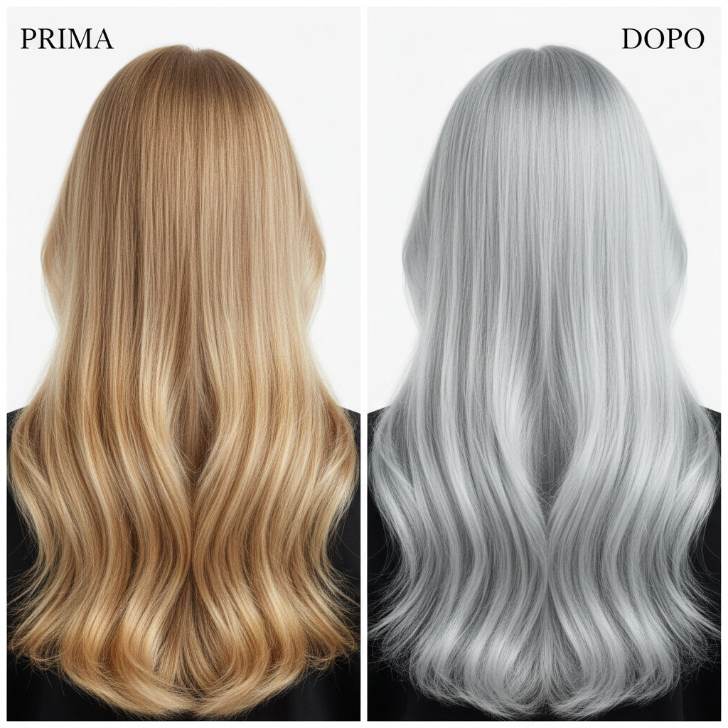 Trasformazione capelli biondi prima e dopo con Super No Yellow Kit - da biondo giallo a biondo freddo