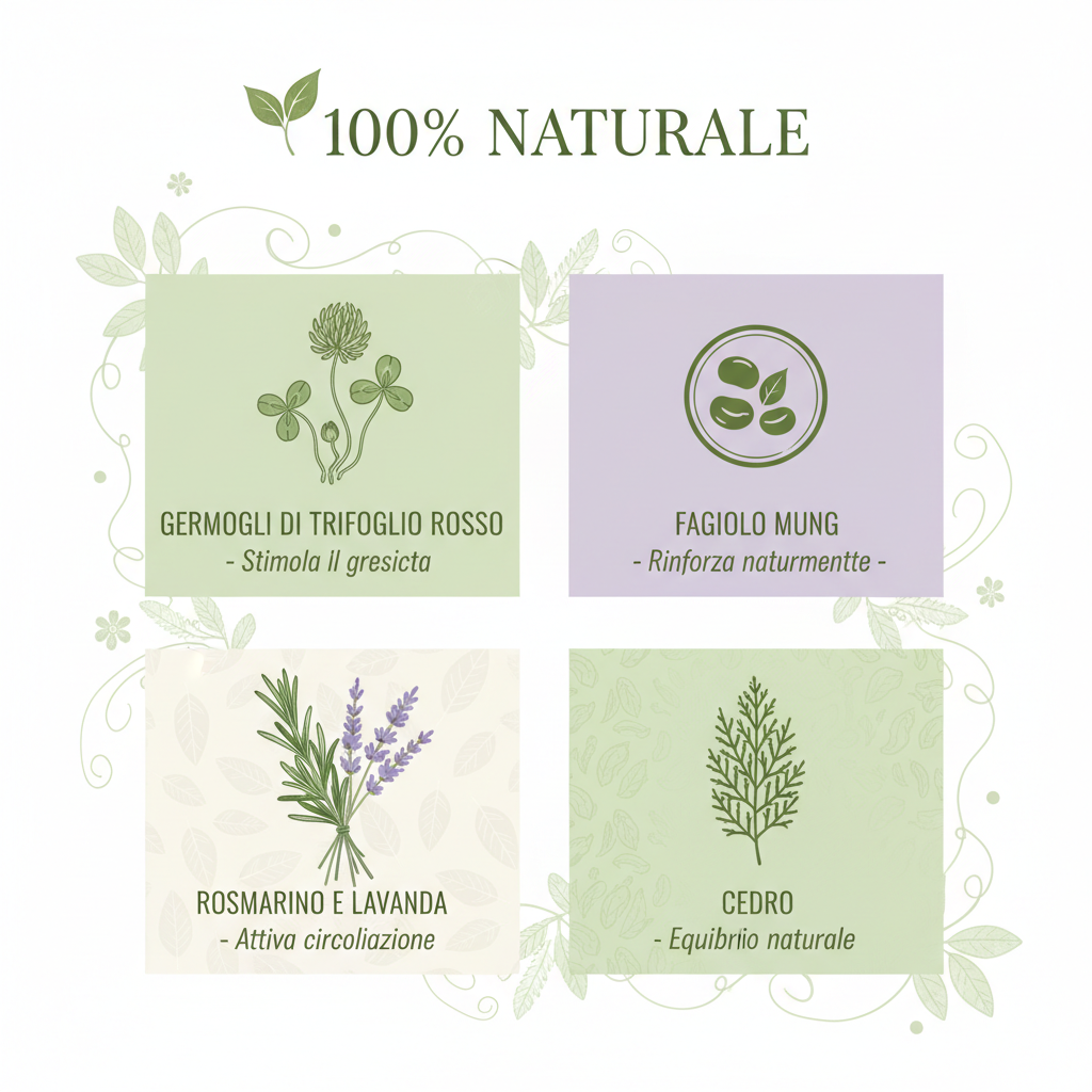 Infografica ingredienti naturali Shampoo Anticaduta DiksoNatura - Trifoglio Rosso Fagiolo Mung Rosmarino Lavanda 100% Bio