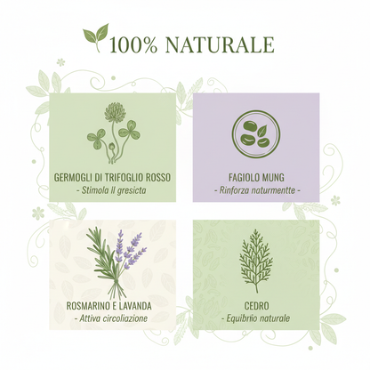 Infografica ingredienti naturali Shampoo Anticaduta DiksoNatura - Trifoglio Rosso Fagiolo Mung Rosmarino Lavanda 100% Bio