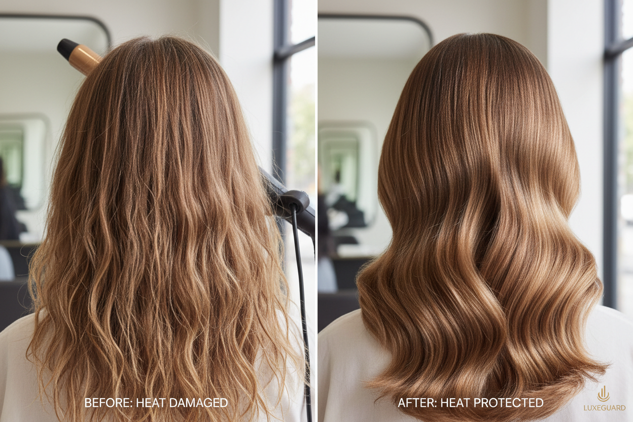 Prima e dopo spray termoprotettivo - capelli danneggiati da calore vs protetti e sani