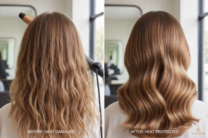 Prima e dopo spray termoprotettivo - capelli danneggiati da calore vs protetti e sani