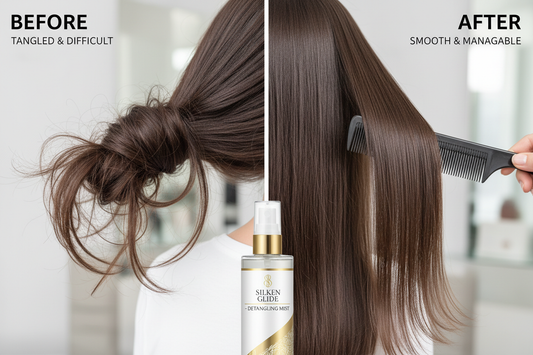 Prima e dopo spray districante - trasformazione da capelli annodati a perfettamente pettinabili