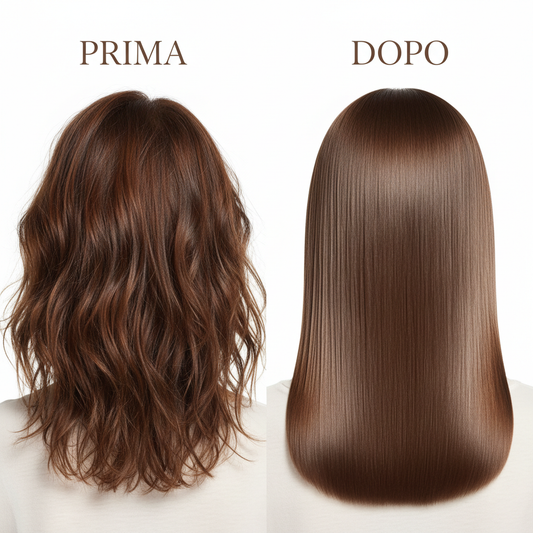 Trasformazione capelli prima e dopo con Super Cheratina Kit - da capelli danneggiati a capelli brillanti