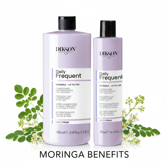 Display collezione balsamo daily con benefici UV e moringa - fotografia professionale