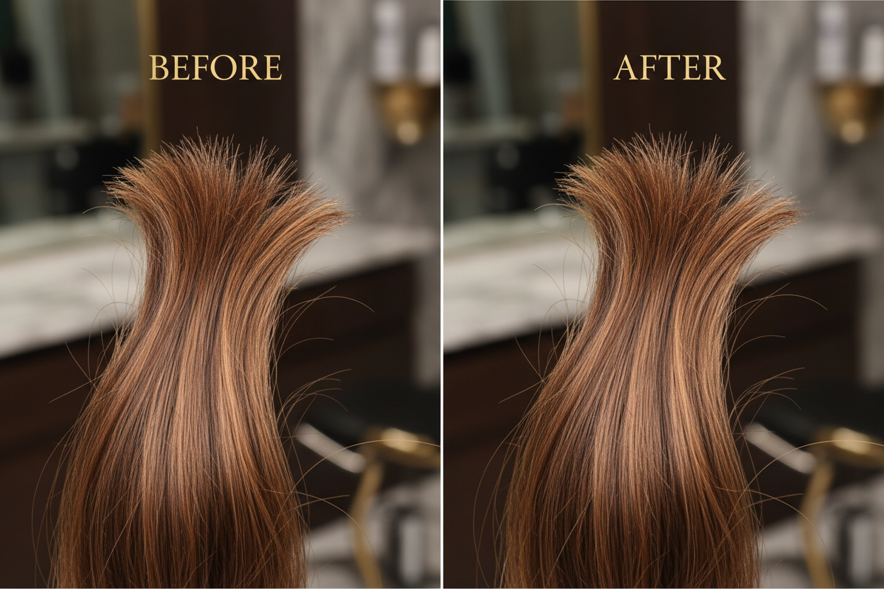 Prima e dopo crema riparatrice - trasformazione da doppie punte danneggiate a sigillate