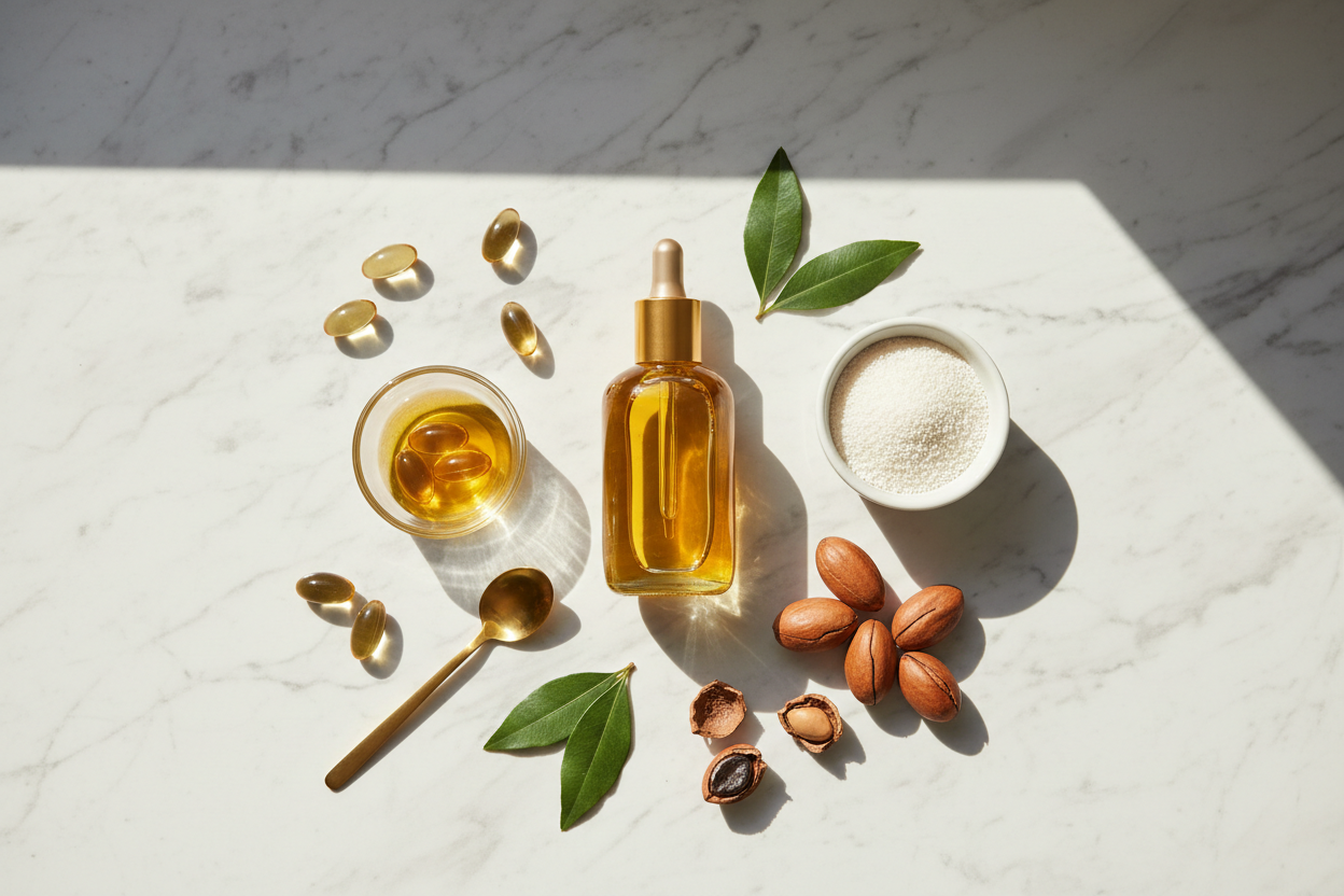 Ingredienti oro del Marocco: olio di argan puro, vitamina E e proteine di riso