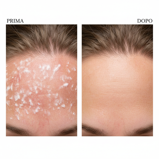 Trasformazione cuoio capelluto prima e dopo con Shampoo Antiforfora SuperPurity - da forfora a cuoio capelluto pulito