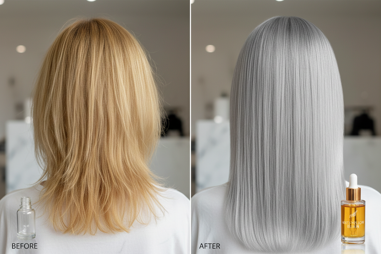 Prima e dopo olio spray antigiallo - biondo giallo secco vs cenere nutrito e luminoso