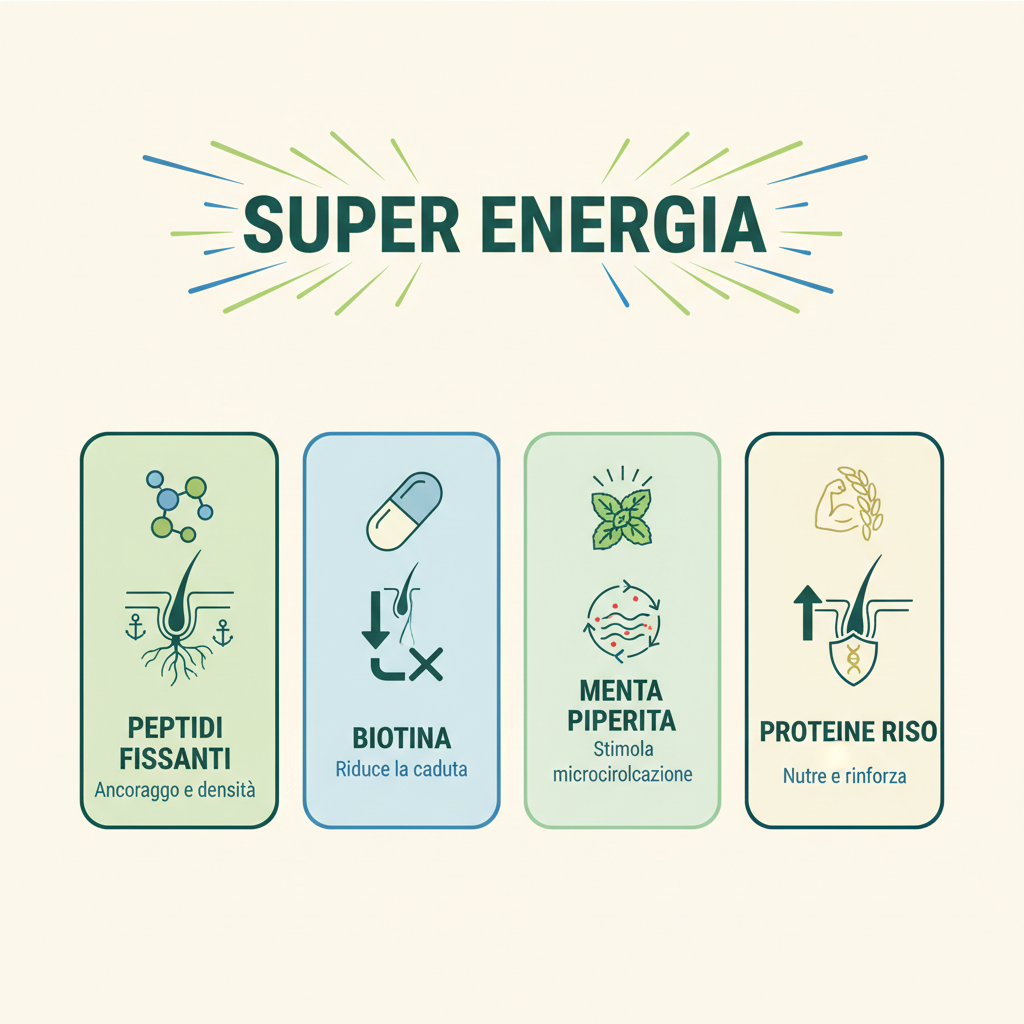 Infografica ingredienti Shampoo Anti-Caduta - Peptidi Biotina Menta Piperita Proteine di Riso