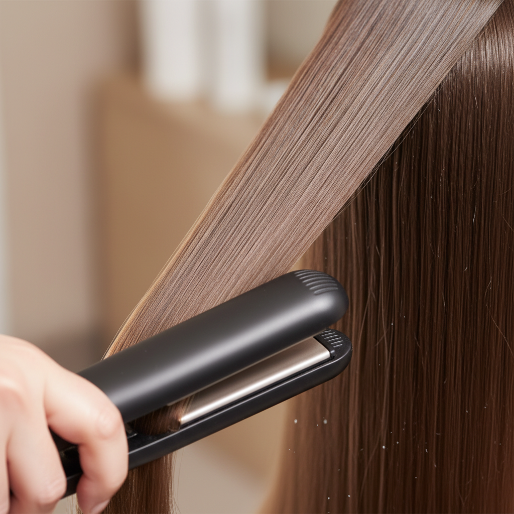 Dettaglio capelli sani durante styling termico con protezione fino a 230°C