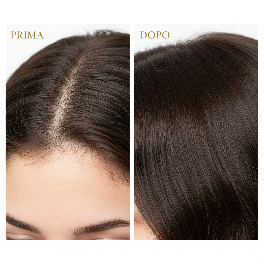 Trasformazione capelli prima e dopo con Shampoo Anti-Caduta SuperEnergia - da capelli diradati a capelli densi