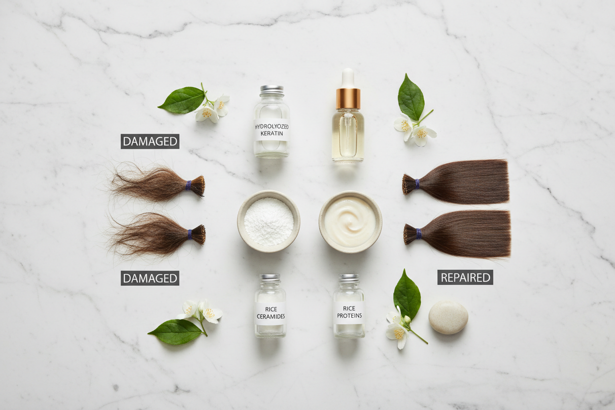 Ingredienti professionali anti-età: cheratina idrolizzata, ceramidi vegetali e proteine di riso