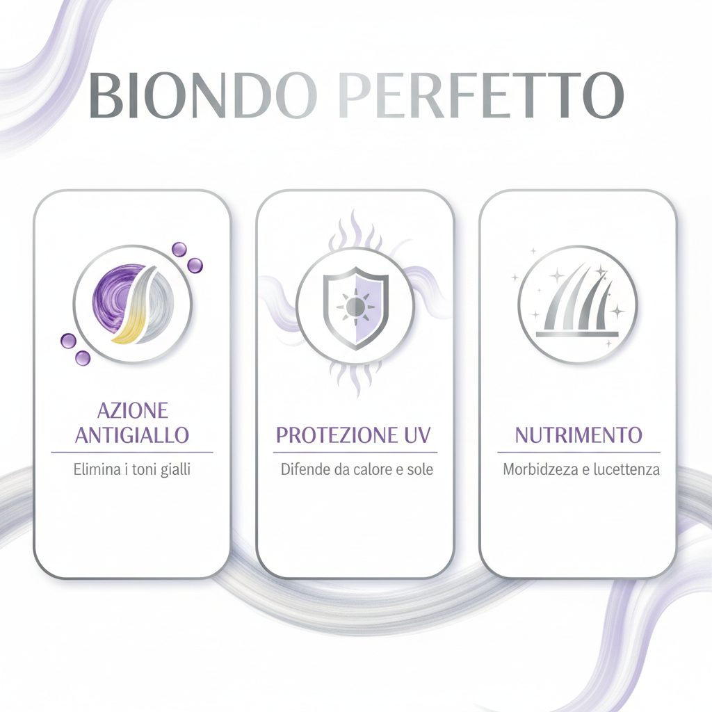 Infografica benefici Super No Yellow Kit - Azione Antigiallo Protezione UV Nutrimento
