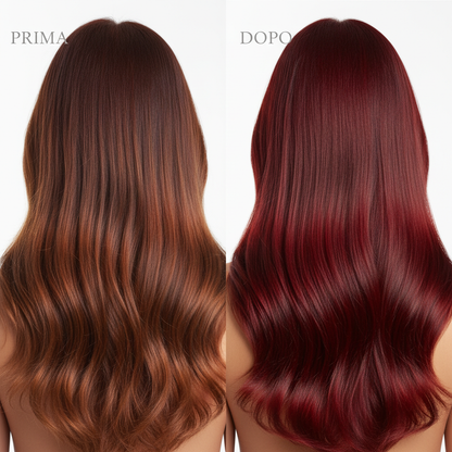 Trasformazione capelli colorati prima e dopo con Kit Protezione Colore - da colore sbiadito a colore vibrante