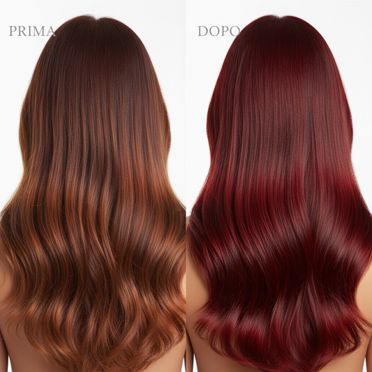 Trasformazione capelli colorati prima e dopo con Kit Protezione Colore - da colore sbiadito a colore vibrante