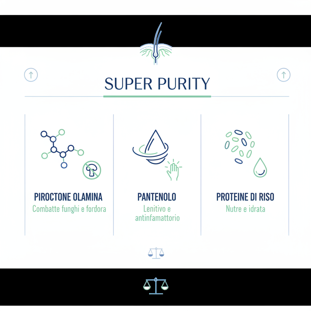 Infografica ingredienti Shampoo Antiforfora SuperPurity - Piroctone Olamina Pantenolo Proteine di Riso