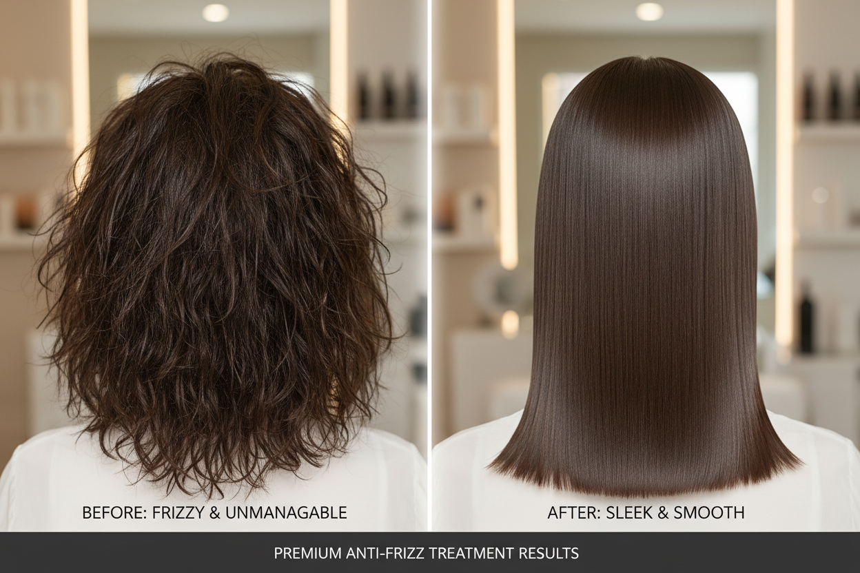 Prima e dopo maschera anticrespo - trasformazione da capelli crespi a perfettamente lisci