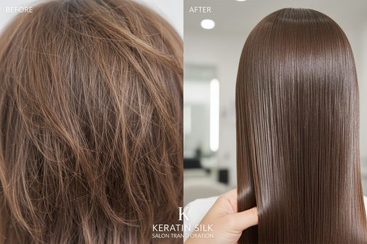 Prima e dopo maschera cheratina - trasformazione da capelli danneggiati a riparati e luminosi