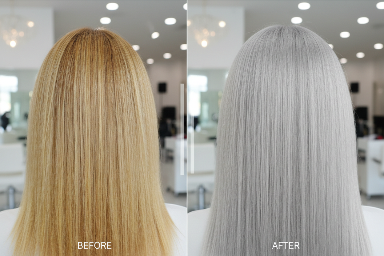 Prima e dopo maschera antigiallo - trasformazione da biondo giallo a biondo cenere perfetto