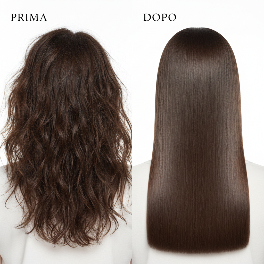 Trasformazione capelli prima e dopo con Kit Anticrespo - da capelli crespi a capelli lisci