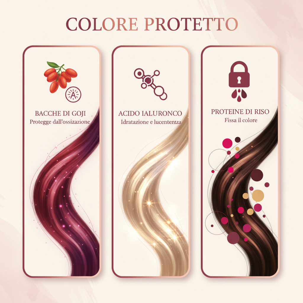 Infografica benefici Kit Protezione Colore - Bacche di Goji Acido Ialuronico Proteine di Riso