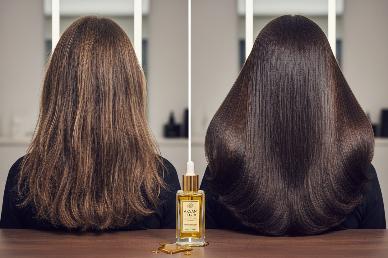 Prima e dopo olio argan - trasformazione da capelli secchi a nutriti e luminosi