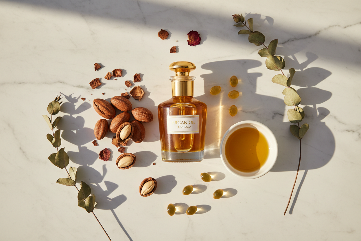 Ingredienti oro del Marocco: olio di argan puro, noci di argan e vitamina E